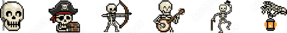 Fototapeta premium Collection of various pixel skeleton and skull character icons vector