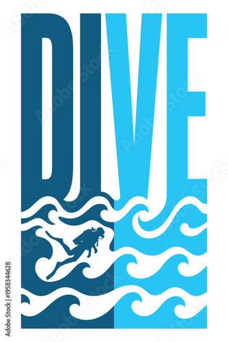 Scuba diving poster with diver silhouette and waves graphic