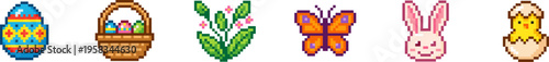 Set of colorful pixel art Easter and spring holiday icons vector