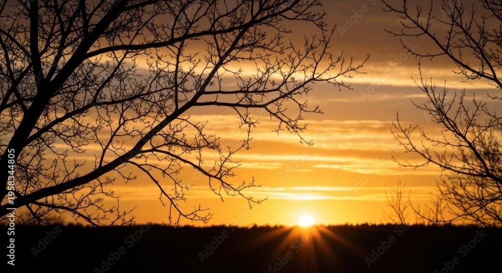 Naklejka premium Sunrise over a horizon, framed by silhouetted tree branches against a vibrant, cloudy sky