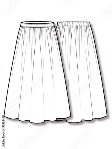 Women's high waisted gathered midi skirt with elastic back waistband technical fashion flat sketch vector template illustration front and back view apparel CAD mockup
