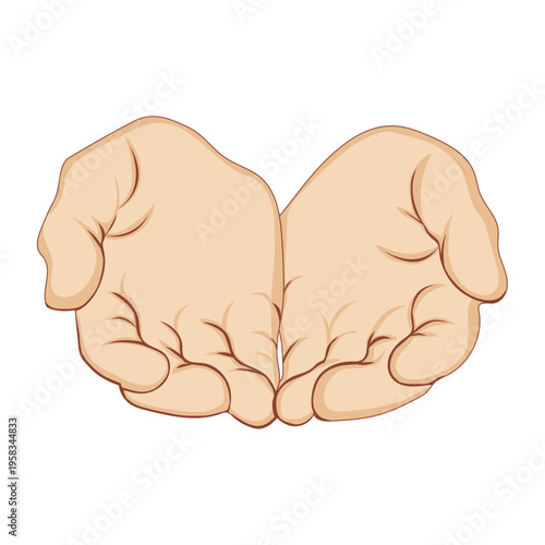 Illustration of two open cupped hands facing upward, symbolizing help, care, protection, donation, and receiving, isolated on a light background.