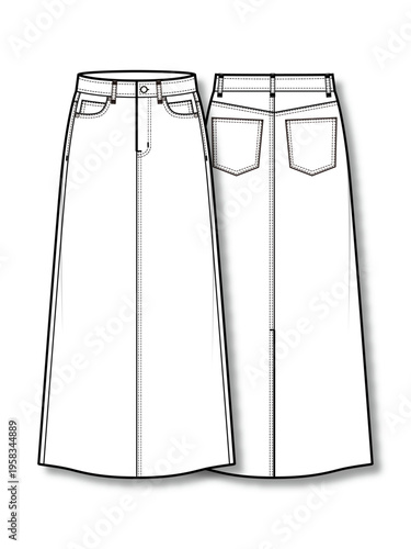 Women's long denim skirt with back slit technical fashion flat sketch vector template illustration front and back view apparel CAD mockup
