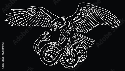 Eagle and snake line art illustration on black background