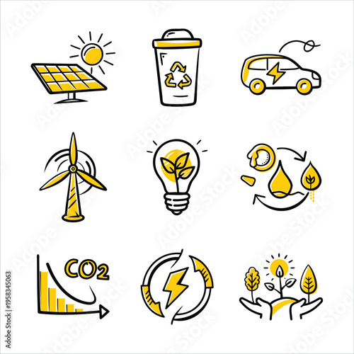 Eco friendly icons for sustainable living and green energy solutions