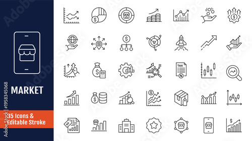 Market Icons set. Include company, budget, sales, and more. Outline icon with Editable stroke. Vector illustration