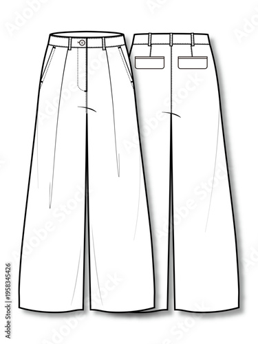 Women's high waisted one tuck wide leg slacks with back welt pockets technical fashion flat sketch vector template illustration front and back view apparel CAD mockup
