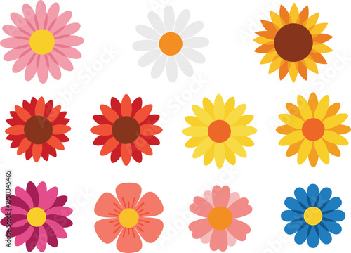 Colorful flat flower icon set with simple daisy and sunflower shapes. Bright modern floral collection. Minimal decorative elements isolated for cheerful and graphic design.