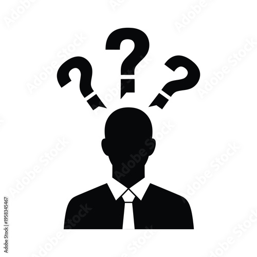 Confused businessman with question marks above head