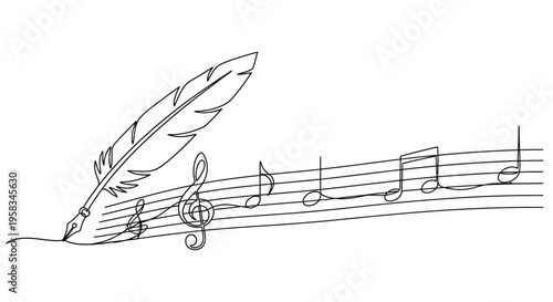 Feather Pen Writing Musical Notes on Staff - Creative Music Composition Concept