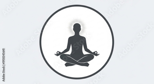 Meditating person in lotus position with aura symbolizing mindfulness and relaxation in a simple modern design