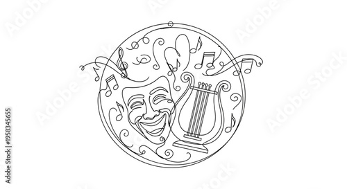 Theatrical Mask and Lyre with Musical Notes - Art and Entertainment Concept
