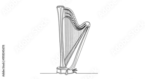 Elegant Harp Outline Drawing on White Background