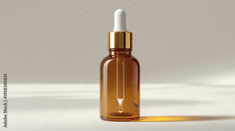 Fototapeta premium amber glass dropper bottle with golden cap and white pipette