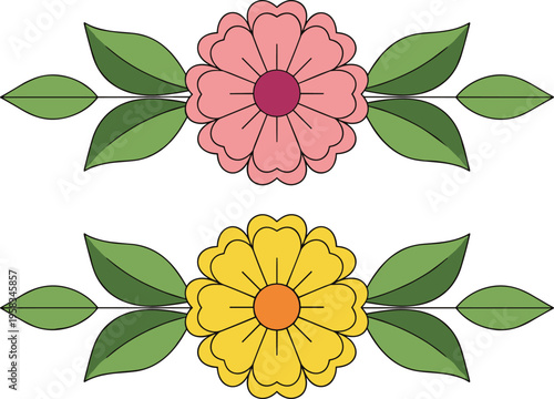 Simple floral decoration set. Symmetrical flower designs with leaves in flat style. Decorative botanical elements for patterns, branding, and modern design use.