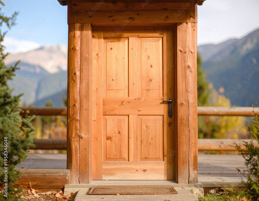 Naklejka premium This rustic wooden door stands as a portal to majestic mountain vistas, symbolizing opportunity and escape. Perfect for travel, home design, and motivational concepts in high quality.