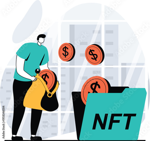 Person investing in nfts with digital currency coins floating around