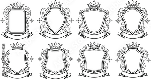 Vintage royal heraldic shields collection with crowns ribbons and ornate frames medieval emblem vector illustration set