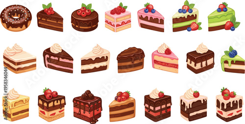 Assorted cake slices and donut collection with chocolate cream fruit toppings colorful dessert vector illustration set