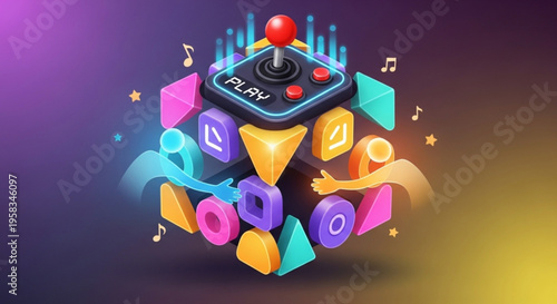 Colorful 3d illustration of a video game controller surrounded by vibrant geometric shapes and symbols on a gradient background