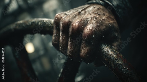 Close view of a weathered hand gripping a steering wheel in a dimly lit room with drops of water on the surface