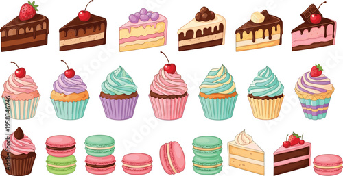 Assorted desserts collection with cake slices cupcakes and macarons colorful sweet bakery treats vector illustration set
