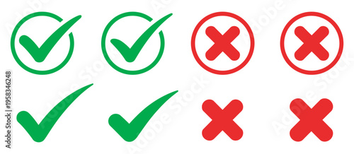 Green tick and red cross icon collection, checkmark and cross symbols in colored circles, confirmation cancel actions, web and mobile app validation design vector