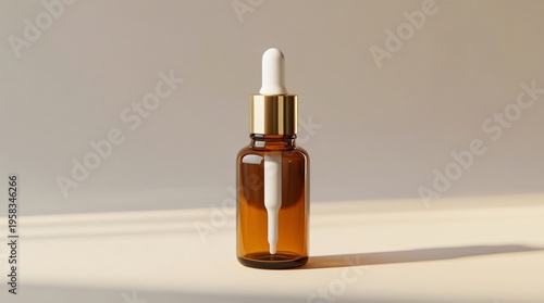 amber glass dropper bottle with golden cap and white pipette