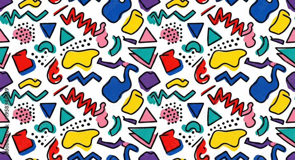 Naklejka premium Vibrant Memphis Style Pattern with Geometric Shapes and Colors
