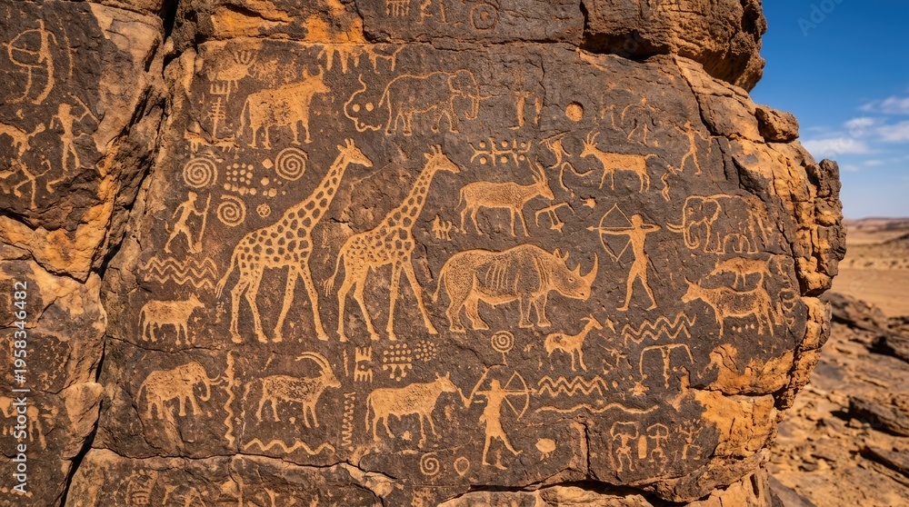 Obraz premium Ancient petroglyphs on a rocky cliffside