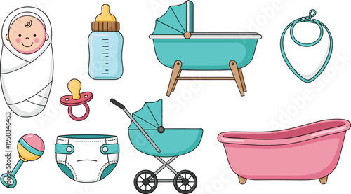 Baby care essentials collection with stroller crib bottle pacifier bathtub and accessories cute newborn vector illustration set