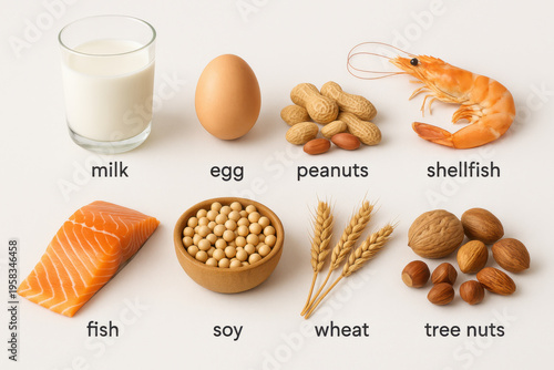 Cautionary food allergen chart, warning of allergy and intolerance risk. For good health, diet, and nutrition, know each common ingredient for food safety and identification
