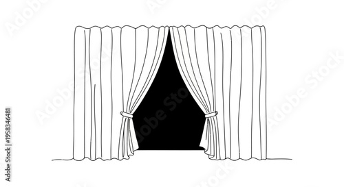 Open Curtains Revealing Dark Space, Stage Entrance, Dramatic Reveal, Black Background