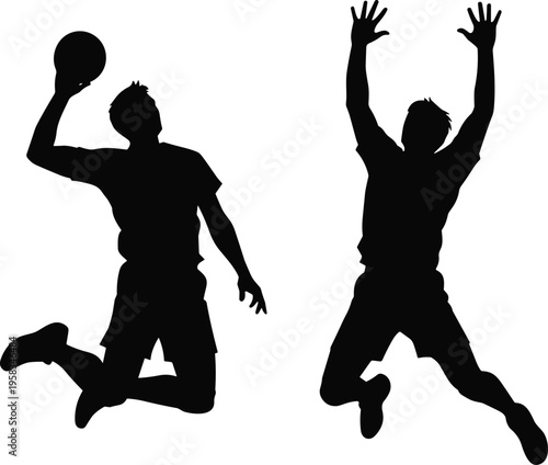 Black silhouette of volleyball players jumping to spike and block the ball, athletic action poses isolated on white background, vector