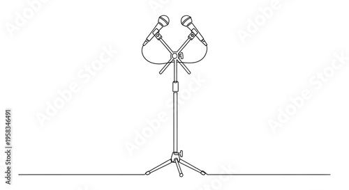 Two microphones on stand, simple line art, isolated on white background, copy space