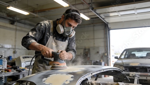 Auto body technician sanding car panel in workshop with protective mask, vehicle repair and refinishing process, automotive restoration and paint preparation in professional garage