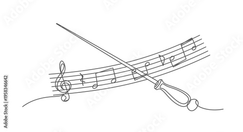 Conductor's Baton Crossing Musical Notes on Staff - Artistic Line Drawing