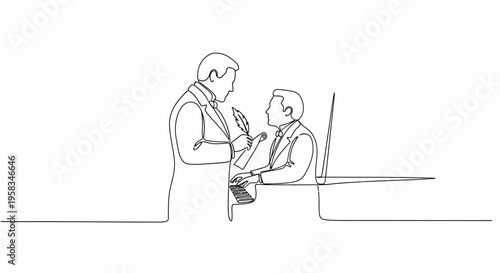 Business Meeting One Line Drawing: Two Men in Suits Discussing Ideas