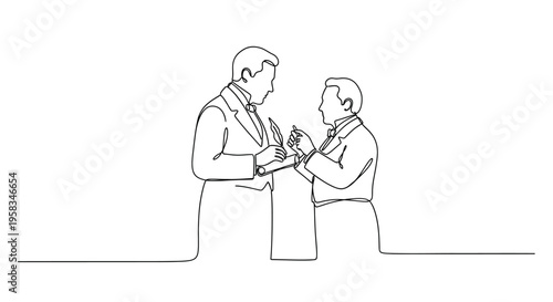 Two men in suits, hand-drawn illustration, one helping the other with cufflink