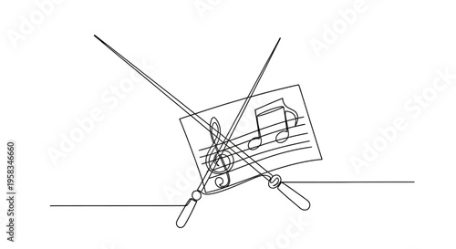 Conductor's Baton Crossing Over Musical Notes and Treble Clef