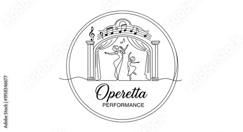Operetta Performance Logo: Dancing figures on stage with music notes