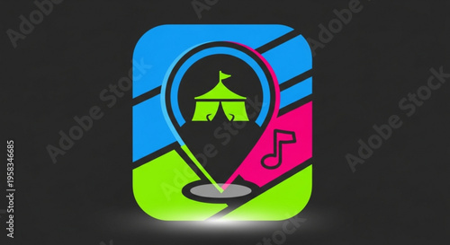 Colorful music festival icon with tent and note on black background symbolizing fun and entertainment