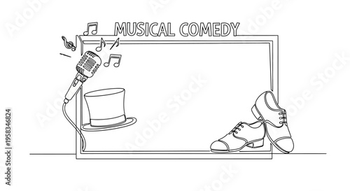 Musical Comedy Performance Stage with Microphone, Top Hat, and Dancing Shoes