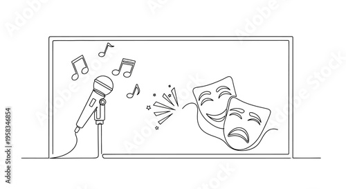 Microphone and Theater Masks: Music and Drama Concept