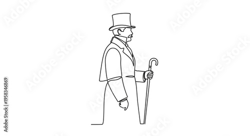 Gentleman in Top Hat and Cane, Vintage Line Art Illustration