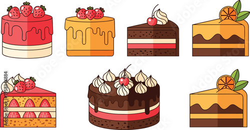 Colorful layered cakes collection with chocolate strawberry and orange toppings delicious dessert vector illustration set isolated