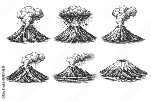 Vintage engraved volcano eruption collection in black and white natural disaster illustration style
