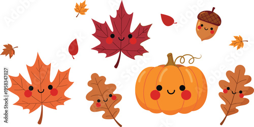 Cute autumn leaves pumpkin and acorn characters collection with smiling faces fall season cartoon vector illustration set