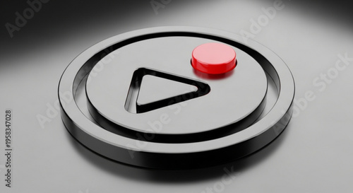 Gray play button icon with red circle on a dark background symbolizing media playback and technology