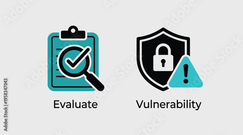 Vector graphic illustration of evaluate and vulnerability management concepts with checklist and shield icons